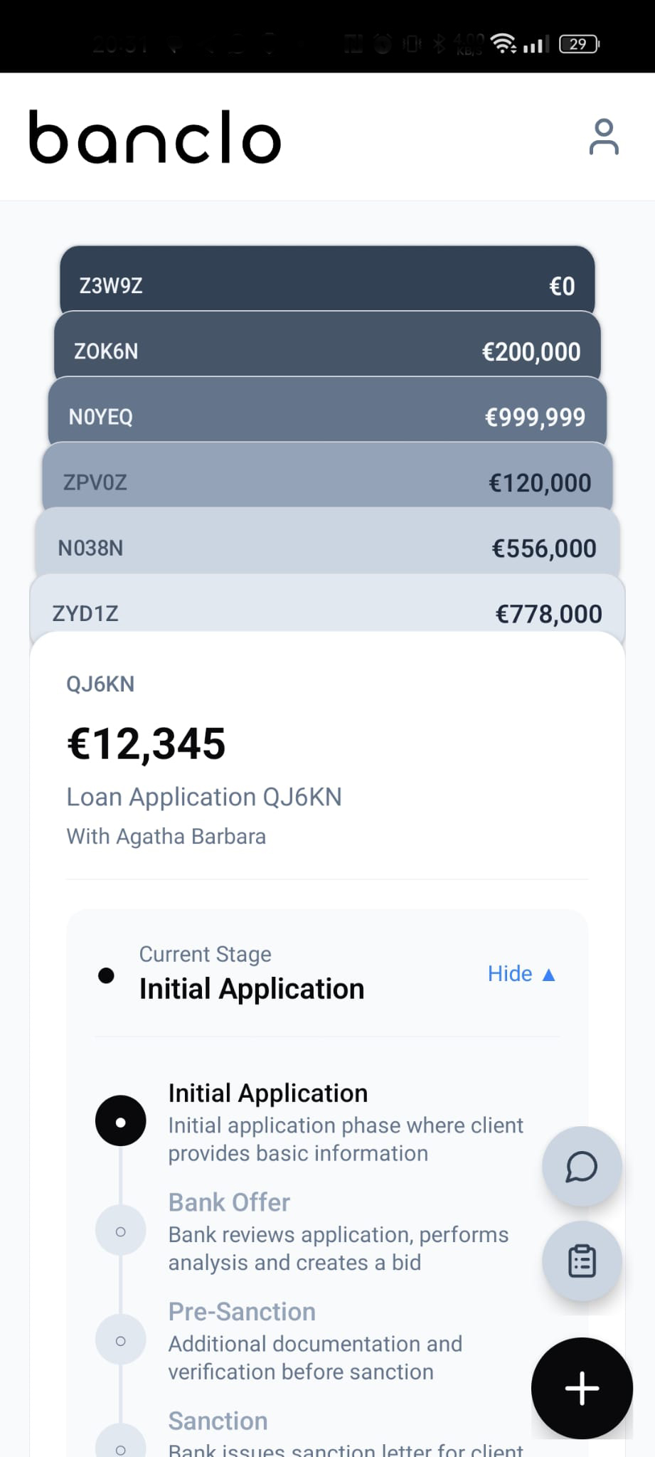 Banclo mobile app showing mortgage application dashboard